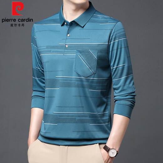 皮尔卡丹（pierre cardin）夏季冰丝男士t恤长袖春秋新款中老年休闲男装薄款爸爸有兜体恤衫 B753横条 蓝色 L 170/110/50