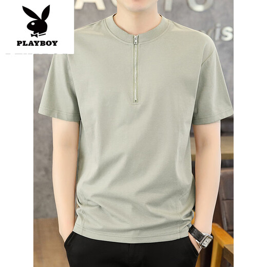 
Playboy (PLAYBOY) Men's Short Sleeve T-shirt 2025 Summer New Fashion Stand Collar Half Zipper Polo. Shirt Thin Solid Color Half Sleeve Clothes 1585 Green M