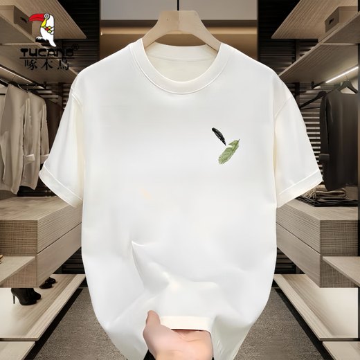 啄木鸟（TUCANO）男士短袖t恤2025夏季薄款潮牌宽松休闲印花半袖衣服男款重磅体恤 白色【前左侧小图K1098 两片小羽 XL 建议140-160斤