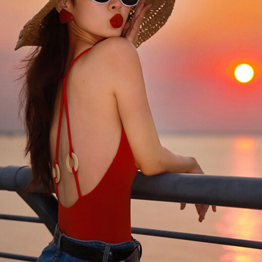 Lugeli swimsuit is feminine, retro, Hong Kong style, red hot girl, deep V, beautiful back, slimming cover, belly bubble, vacation swimming fashion one-piece, Hong Kong style swimsuit, one size fits all, recommended 70-120 Jin Jin is equal to 0.5 kg