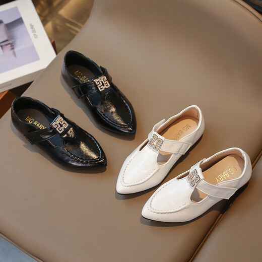
Xianxiu girls retro pointed-toe leather shoes soft-soled rhinestone boy British style single shoes V6629 white 27:15.9cm