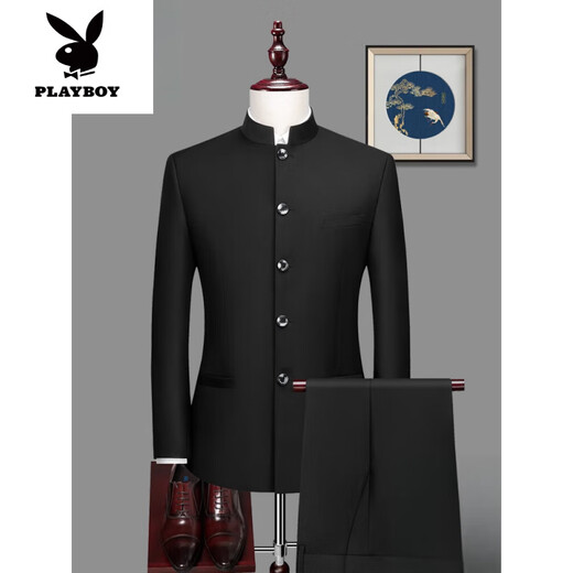 Playboy (PLAYBOY) high-end tunic suit men's formal Chinese stand collar suit men's Chinese wedding dress Chinese style suit Chinese stand collar white single top L 175 weight 125-135 Jin Jin equals 0.5 kg
