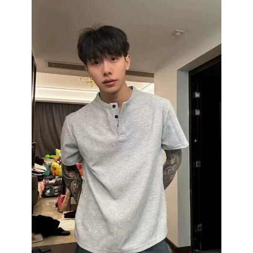 GTYUWVG华夫格亨利领重磅短袖T恤男夏季美式boxy潮牌感休闲五分半袖 白色 XL
