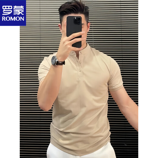 ROMON cotton stand-up collar short-sleeved Polo bottoming shirt for men solid color slim fit 2025 summer youth handsome business Henry collar T apricot cotton sweat-absorbent 2XL recommended 135-150Jin Jin is equal to 0.5 kg