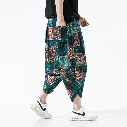 Wanjun Pantalon recadré pour hommes et ethnique chinois pantalons décontractés imprimés pantalons larges lâches