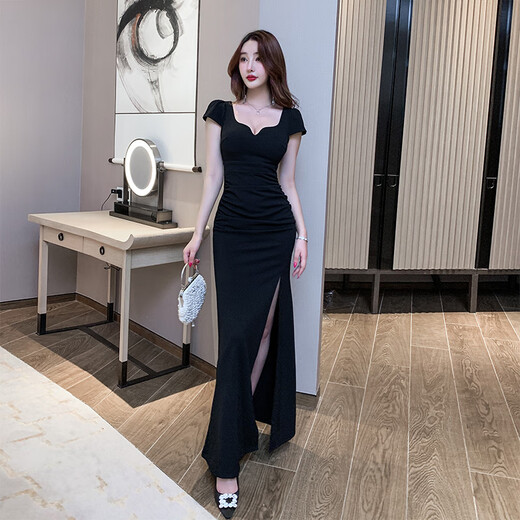 芃芒新款性感长裙洗浴桑拿技师气质晚礼服长款酒吧工作服 B3882黑色 S