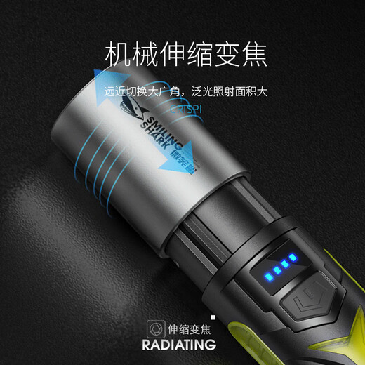 Tiburón sonriente, luz fuerte, linterna súper brillante recargable, portátil, acampado multifunción, linterna LED de LED de largo alcance al aire libre, carga rápida [súper brillante 9856K] T9 Focus/Light Light