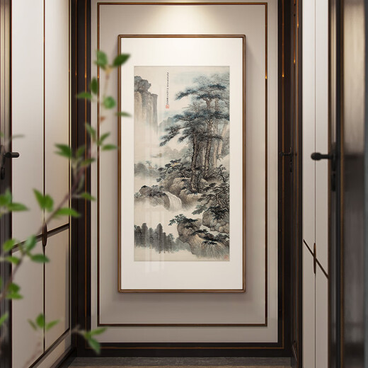 Xuanmutang entrance decorative painting New Chinese style ink landscape painting hanging painting study living room tea room corridor aisle entrance landscape painting Zhang Daqian <Landscape Tune> Finished product width 60cm * height 120cm walnut color (solid wood right angle frame)