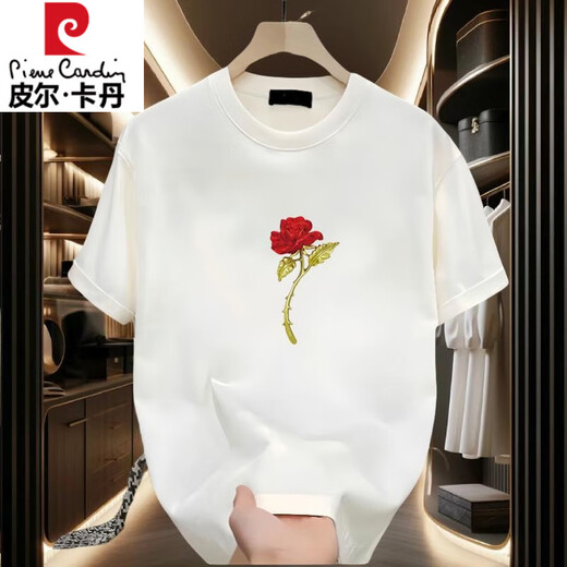 皮尔卡丹短袖T恤男情夏季新款侣装圆领印花体恤纯棉简约宽松百搭半袖上衣 黑色前大图K1049 单朵红玫瑰花男 2XL 建议160-180斤