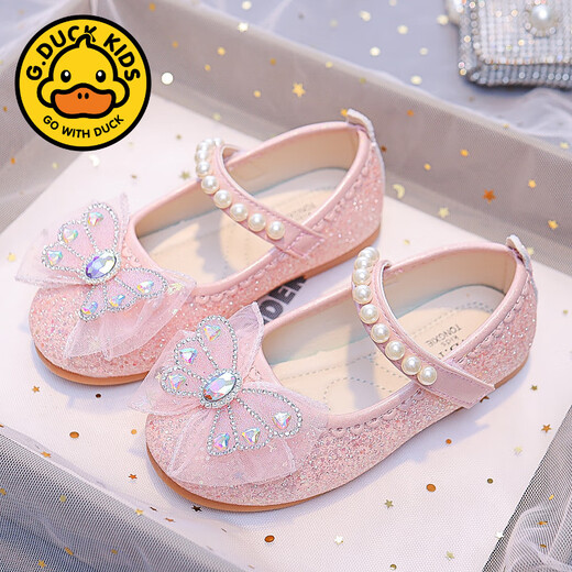 G.duck Girls Princess Elsa Shoes 2025 New Korean Style Bow Little Girls Soft Sole Shoes Pearl Crystal Small Leather Shoes RX116 Pink 29