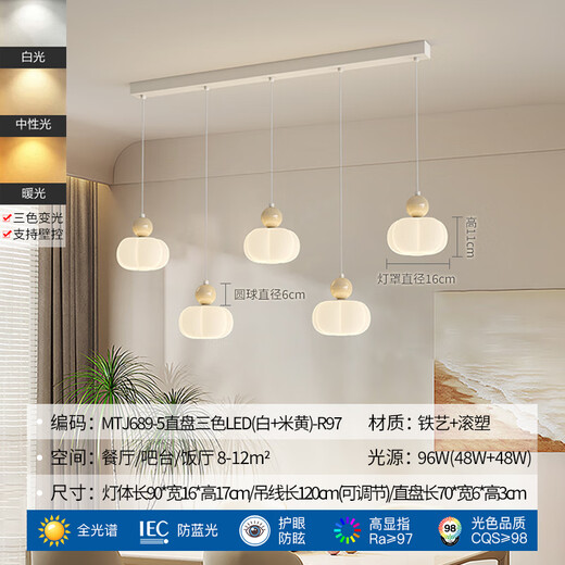 品居2025年新款餐厅灯全光谱护眼餐厅吊灯现代简约南瓜灯广东中山灯具 MTJ689-5直盘三色LED(白)