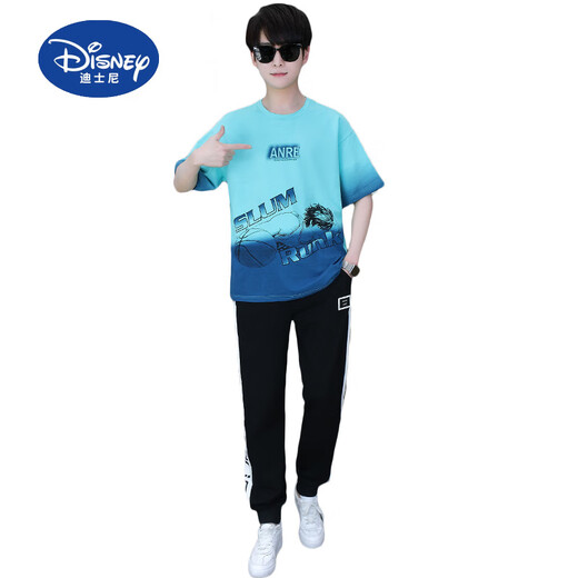 迪士尼（Disney）夏季青少年短袖t恤男孩衣服高中初中学生大童夏装帅气运动套装潮 白灰色 套装TZ9226款 180 XL【100-120斤】