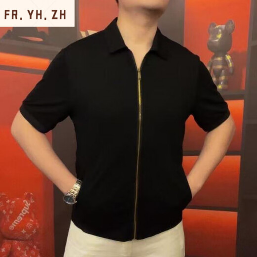 FR.YH.ZH天骏百货男翻领开衫拉链款短袖商务休闲休闲百搭高半袖OP3889 黑色 M 48(100-125斤)