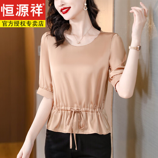 恒源祥真丝上衣女短袖t恤桑蚕丝杭州丝绸女装妈妈夏装收腰高档洋气小衫 9855凤尾花 M