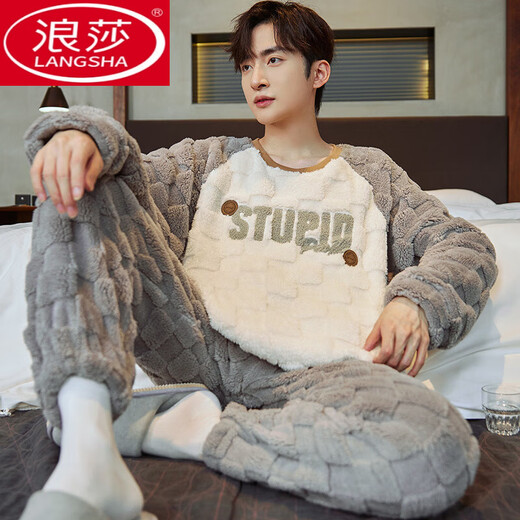 LangSha Coral Velvet Pajamas Men's Winter Round Collar Pullover Flannel Thickened Warm and High-end Letter Embroidered Home Furnishing Clothing YR12004 2XL (suitable for weight 145-168 Jin [Jin equals 0.5 kg])