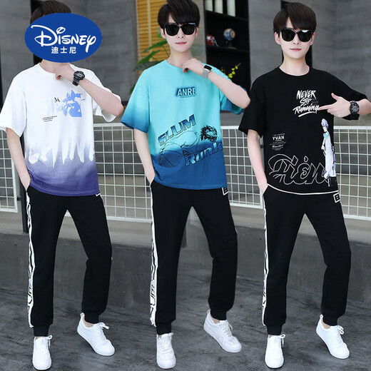 迪士尼（Disney）夏季青少年短袖t恤男孩衣服高中初中学生大童夏装帅气运动套装潮 白灰色 套装TZ9226款 180 XL【100-120斤】