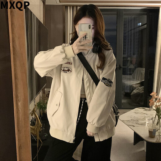 MXQP学院风棒球服外套女春秋季新款宽松休闲拼接撞色设计感立领上衣潮 1047粉色 L 【110-120斤】