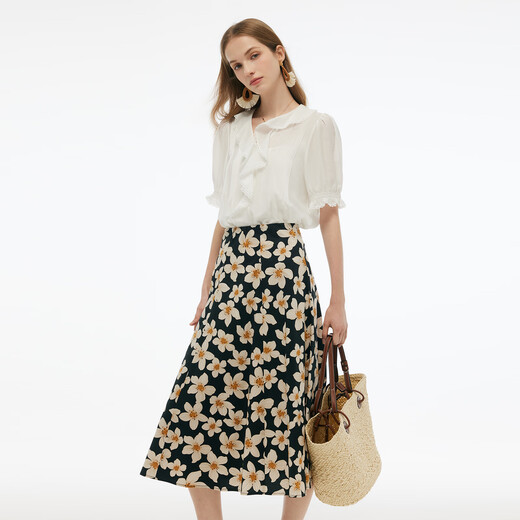 Gloria Skirt Wearing 2025 New High Waist Printed Skirt A-Line Skirt 1E5R2B140 1DD Black Gold Hand-painted Orange Flower M