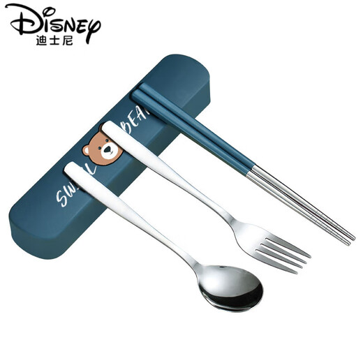 Disney (Disney) Children's Chopsticks and Spoons Tableware Set Stainless Steel Primary School Student Portable Storage Box Fork Three-Piece Set Cute Qing 3-Piece Set (Dark Blue) 304 Stainless Steel