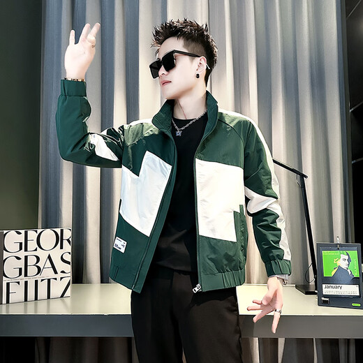 Jason's Jacket Men's Autumn and Winter Cotton Thickened 2025 New Trendy Versatile Tops Men's Color Blocked Autumn Clothes J209 Green (Regular Class) L (110-130Jin Jin equals 0.5 kg)