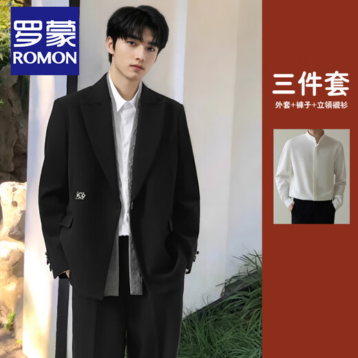 ROMON high-end new Chinese style Zhongshan suit for men, engagement, groom, wedding, national style metal lock suit jacket, black jacket + pants + stand collar white shirt XL