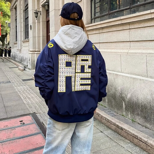 Yiran Presents Jacket Men's Autumn and Winter New American Trendy Brand Letters Loose and Versatile Fashion Couple Flying Baseball Jacket Men's Navy Blue XL Recommended 115-140 Jin Jin equals 0.5 kg