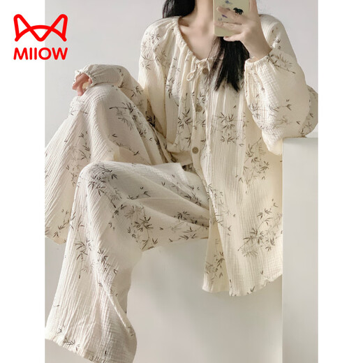 猫人（MiiOW）国风感竹叶印花双层棉纱睡衣女秋季纯棉舒适家居服大码两件套 2F695套/装100%优质/棉纱】 M (建议95~110斤)