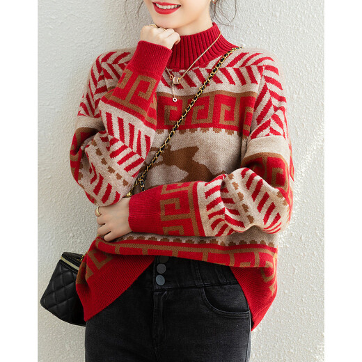 Demana Retro Filter Autumn and Winter Mellow Half Turtle Collar Contrast Color Sweater Hidden Body Good for Small People Knitted Sweater Tops