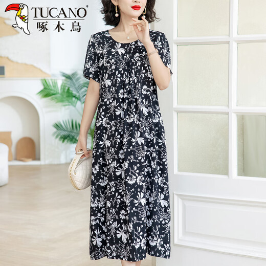 Der neue Sommer-Seidenkleid von Woodpecker, große sammelige, lose Baumwollkleid für Frauen, mittlere und ältere Frauenkleidung, Blumenstil, Bauch, M Mom, 9922 Modell Nr. 28 2xl (Empfohlen 120 Jin [Jin gleich 0,5 kg] -135 Jin [Jin gleich 0,5 kg]))