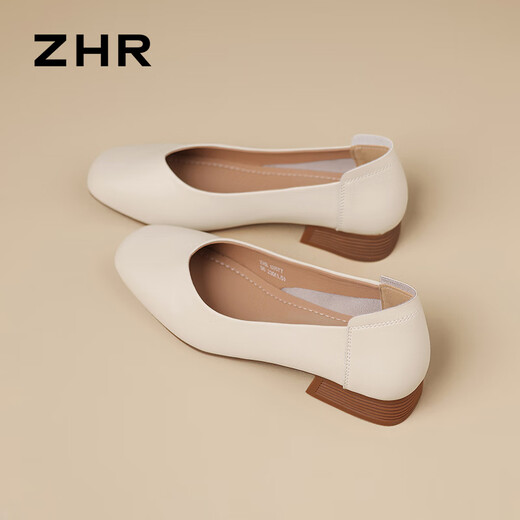ZHR粗跟船鞋女浅口简约女鞋夏季一脚蹬通勤单鞋女 AH677 米色  35 
