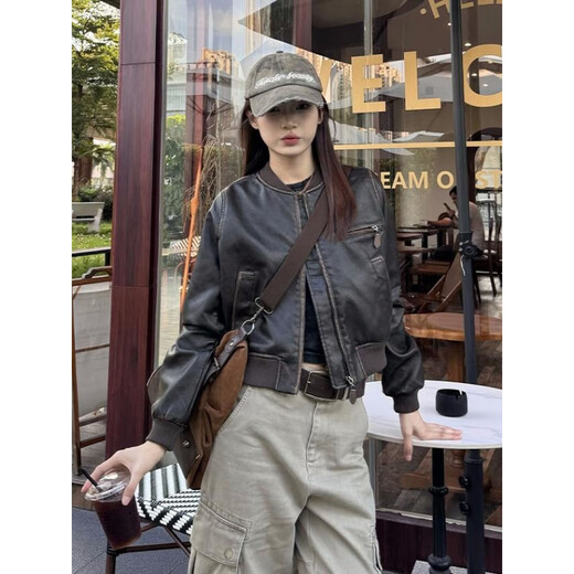 罗蒙品牌手工擦色美式短款机车皮衣夹克女新款复古拉德外套皮夹克百搭 深棕色 2XL 133-145斤