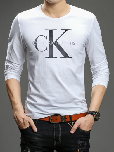 
CK Spring and Autumn Men's Long Sleeve T-shirt Round Neck Slim Large Size Cotton Casual Autumn Clothes Youth Letter Base Shirt 878 Blue M