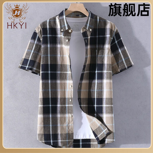 HKYI格子短袖衬衫男夏季纯棉青少年学生休闲百搭半袖寸衣全棉衬衣男款 cs867灰色  长袖 均码 m90-120斤