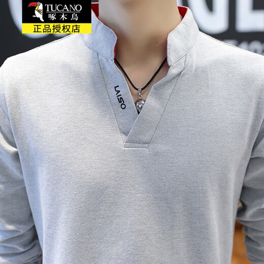 Woodpecker long-sleeved T-shirt men's autumn and winter stand-up collar slim fit velvet warm top printed versatile bottoming shirt men's black XL