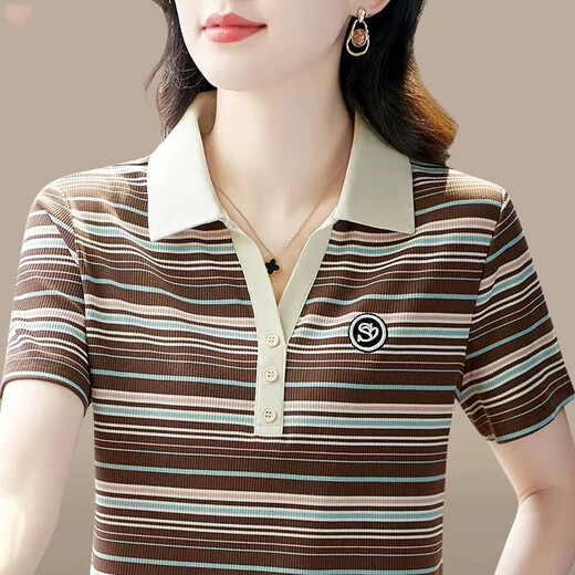 御仕达时尚妈装短袖T恤夏季休闲上衣中年女洋气减龄显瘦打底衫 9926咖色 M