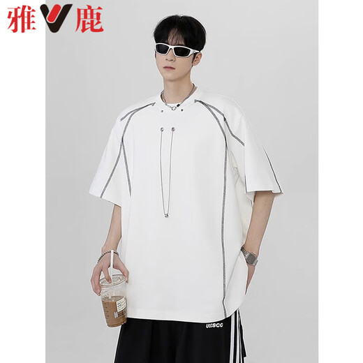 Yalu American Deconstruction Spleißen High Street High Street Starke kurzärmelige T-Shirt Herren Sommer Lose halbärmelige lose Trendy Brand Fünf-Punkte-Teenager 1423 Black [hohe Qualität 20] L 105-125jin [Jin ist 0,5 kg]