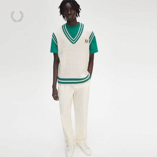 Fred Perry男士休闲针织衫2025春季条纹V领套头无袖麦穗背心K9721 白色IVX M