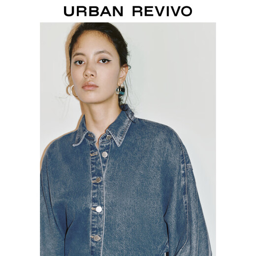 UR2025 Spring New Women's Fashion Retro Waist Slit Long Sleeve Denim Shirt UWG850087