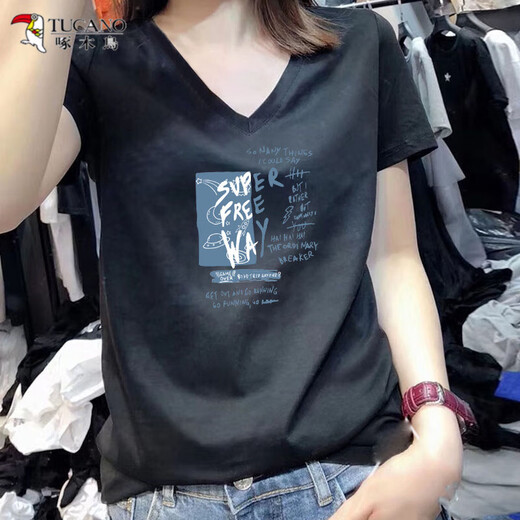 啄木鸟V领短袖t恤女2025年夏季新款白色纯棉洋气宽松显瘦百搭上衣体恤衫 白色9901 M 建议80-100斤