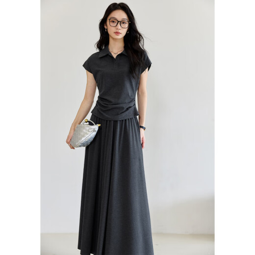 
Vanciman Fashion Suit Skirt for Women 2025 Summer New Temperature Lapel Short Sleeve Top High Waist Slim Skirt M9737 Dark Gray XL