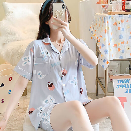Modal Summer Cotton Seide Thin Pyjamas Strickjacke Kurzarm Shorts Loose Set Japaner Cartoon niedliche künstliche Baumwollhauskleidung Baumwolle Seiden-Strickjacken Frauen Doppel-3520 m 80-100Jin [Jin gleich 0,5 kg]