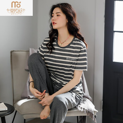 Pyjamas d'été modaux pour femmes rayures de coton pur pantalon à manches courtes minces d'été 2025 Nouveaux vêtements de coton pour l'usure en plein air poudre de pâte de haricots L [100120jin [Jin est égal à 0,5 kg]]]