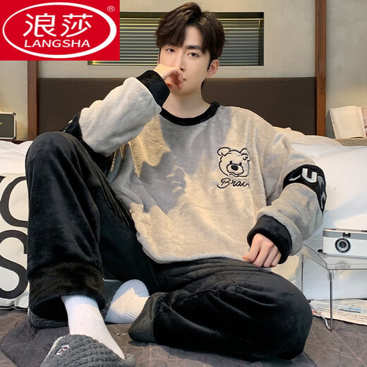 Langsha Coral Coral Velvet Invierno Pajamas Otoño e invierno en espesas más Velvet Adolescentes de ropa para hombres Flanela Ropa para el hogar 3882 Letras Plumas L Hombres L