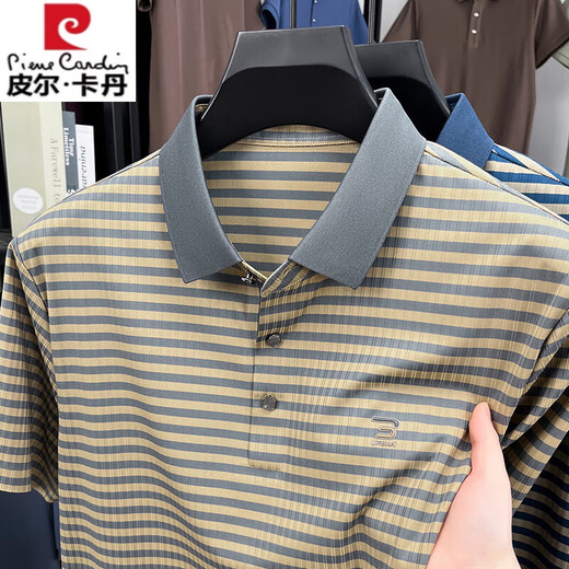 皮尔卡丹新款夏季冰丝短袖t恤男士撞色条纹休闲翻领POLO衫凉感上衣爸爸装 蓝色 GR-9207【冰丝凉感】 M 48 (适合95-115斤)
