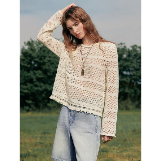 ELLE Cream Venus French fringed round neck casual shirt for women 2026 summer new hollow blouse off-white S