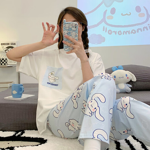 红豆睡衣女2025新款夏季短袖长裤纯棉初中学生女孩大童可爱家居服 6625-桃心小熊--短袖长裤-HZM M 女(高152-158，体重70-95斤)