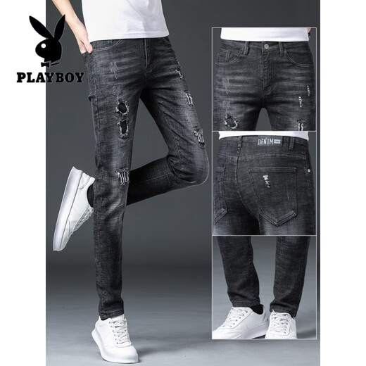 花花公子（PLAYBOY）破洞牛仔裤男春秋季2025新款休闲弹力夏季薄款修身小脚男士长裤子 6636黑色 33