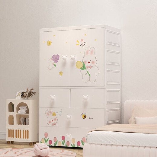 [4877 Volkssammlung] Extra große, verdickte Babygarderobe Baby -Aufbewahrungsschrank Einfacher Kindergarderobekiste mit Schränken 80 cm Tulip Kaninchen Doppeltüren [Kleidung + Partition 1