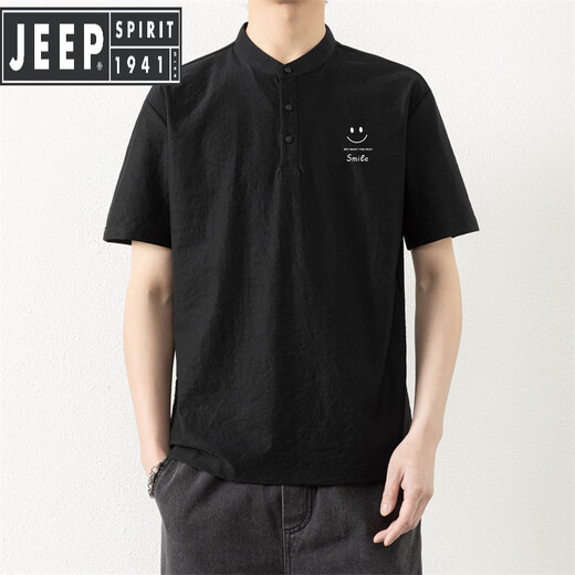 JEEP SPIRIT2025夏季新款棉麻小立领冰感短袖T恤男士宽松休闲百搭短袖上衣 TX9902白色 XL