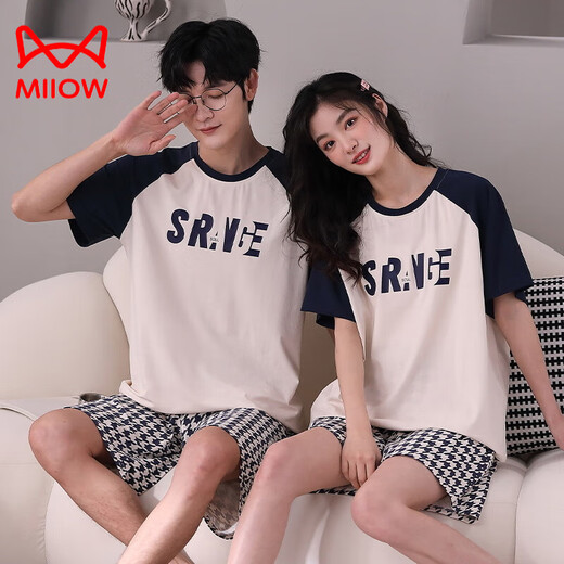 猫人（MiiOW）纯·棉情侣睡衣女ins风夏季短袖高颜值薄款男士宽松家居服套装 M3271 3259 M 女+男L